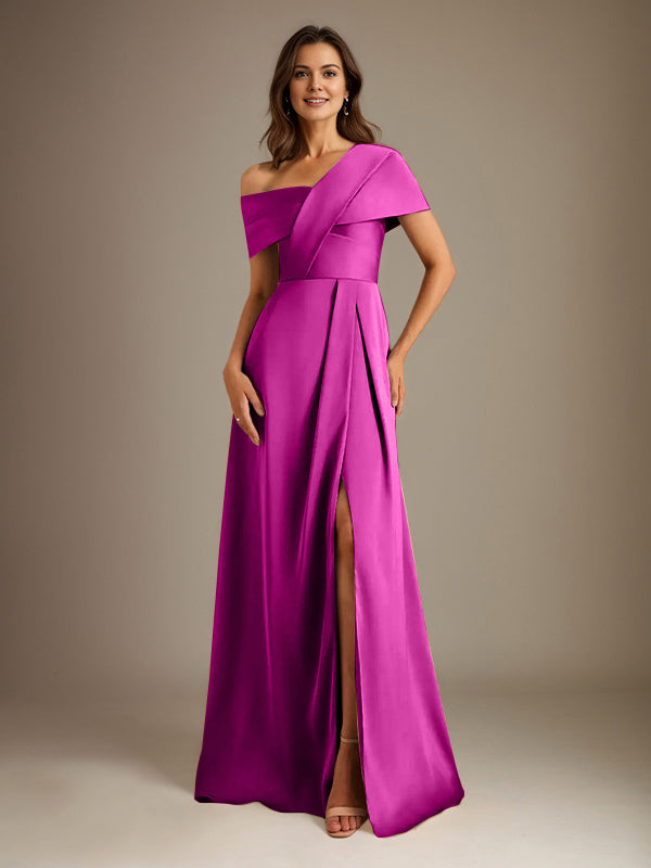 Robe de mère de la mariée en satin, longueur au sol, encolure asymétrique en ligne A avec plis