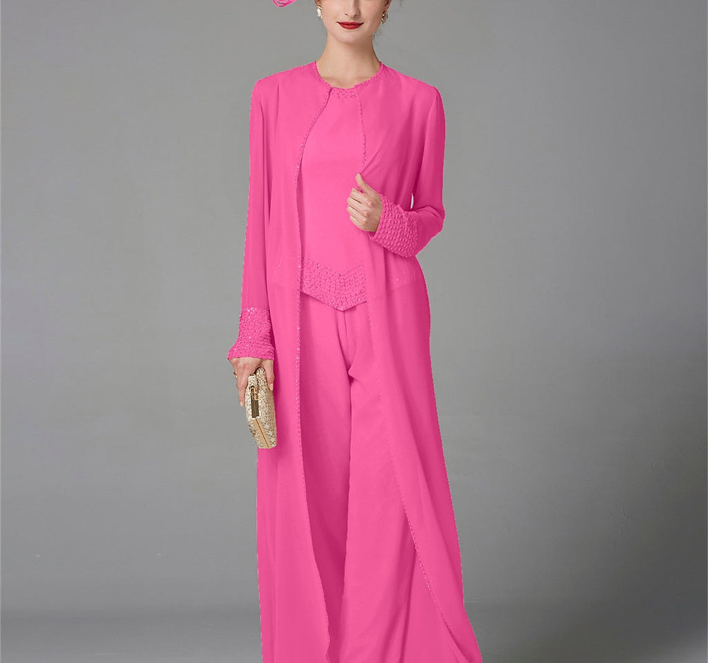 Mother Of The Bride Pantsuit With Jacket And Sequins Long Sleeve Chiffon