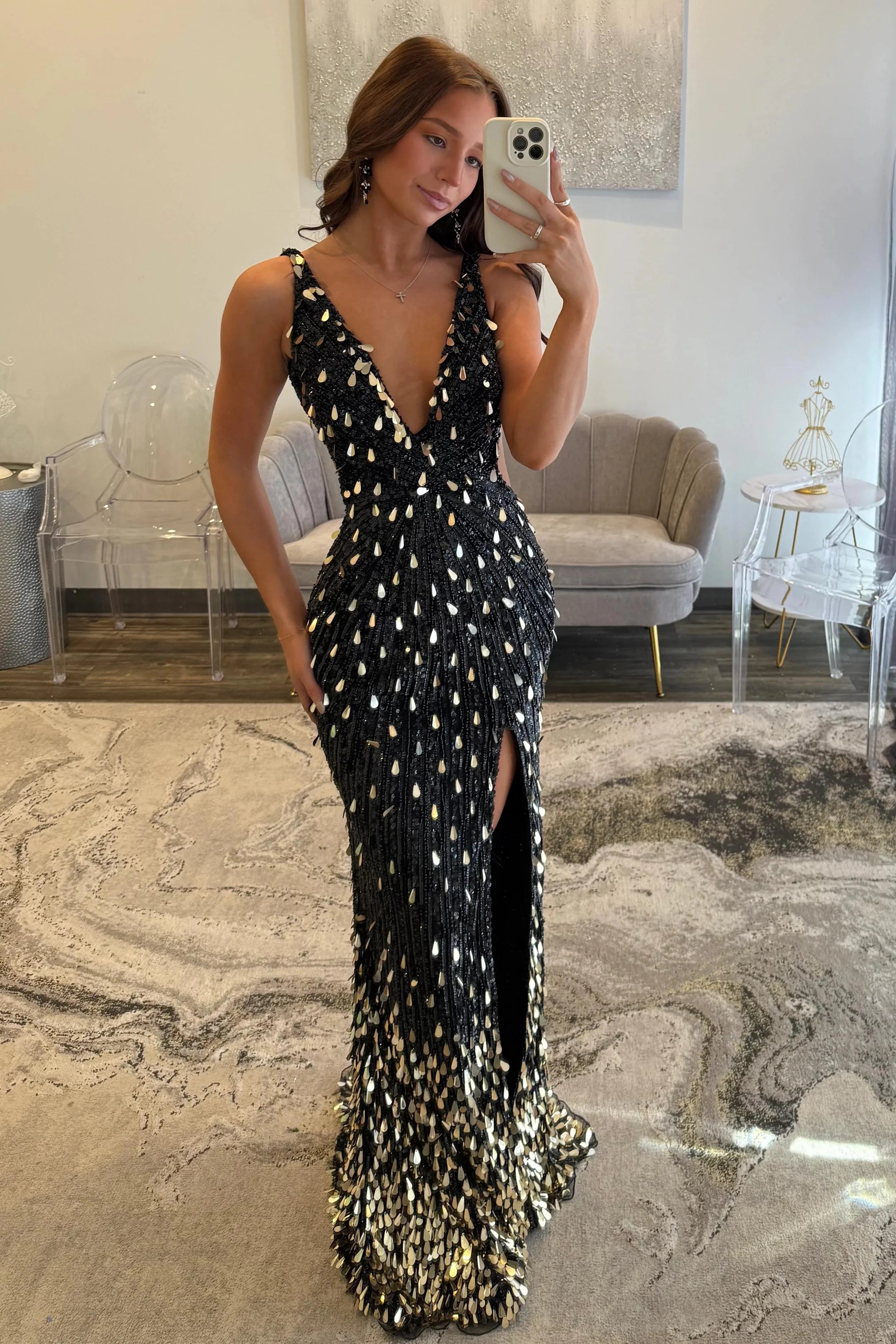 Sparkly Gold Fully Beaded Prom Dress With Deep V Neck Slit And Open Back