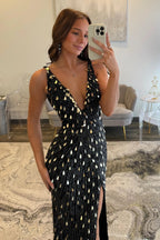Sparkly Gold Fully Beaded Prom Dress With Deep V Neck Slit And Open Back