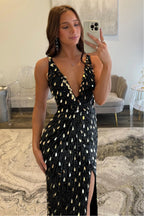 Sparkly Gold Fully Beaded Prom Dress With Deep V Neck Slit And Open Back