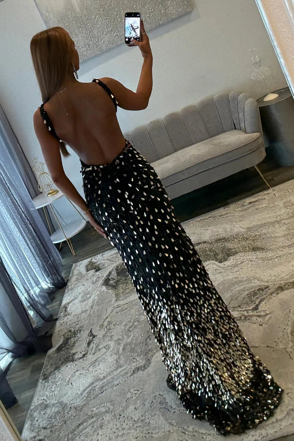 Sparkly Gold Fully Beaded Prom Dress With Deep V Neck Slit And Open Back