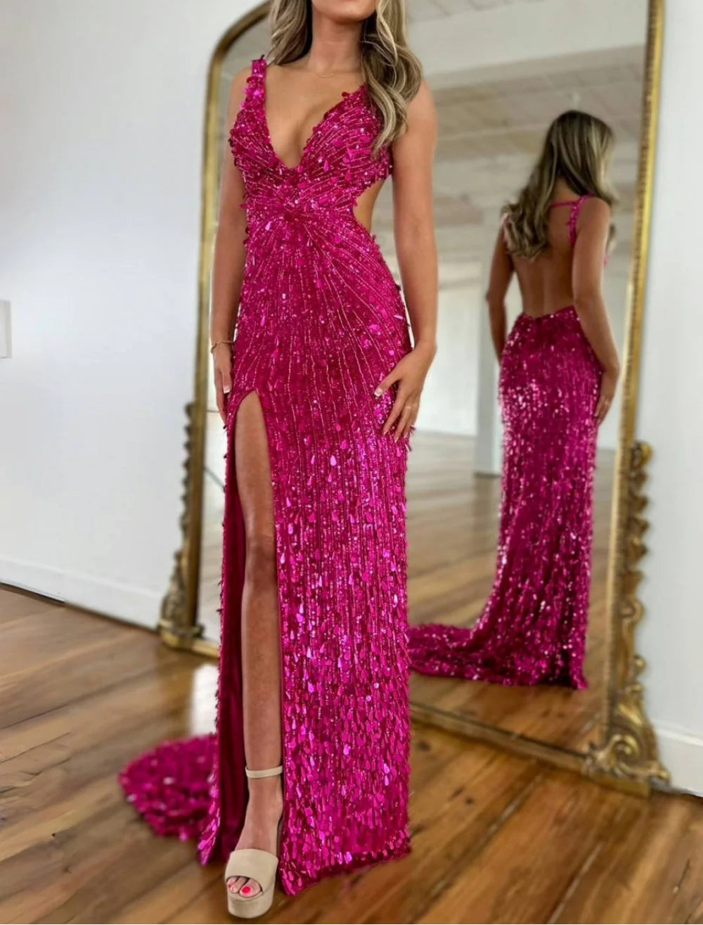 Vestido de Baile com Lantejoulas, Decote em V e Cauda de Sereia | Vestido de Noite Sem Mangas com Fenda Alta e Costas Descobertas