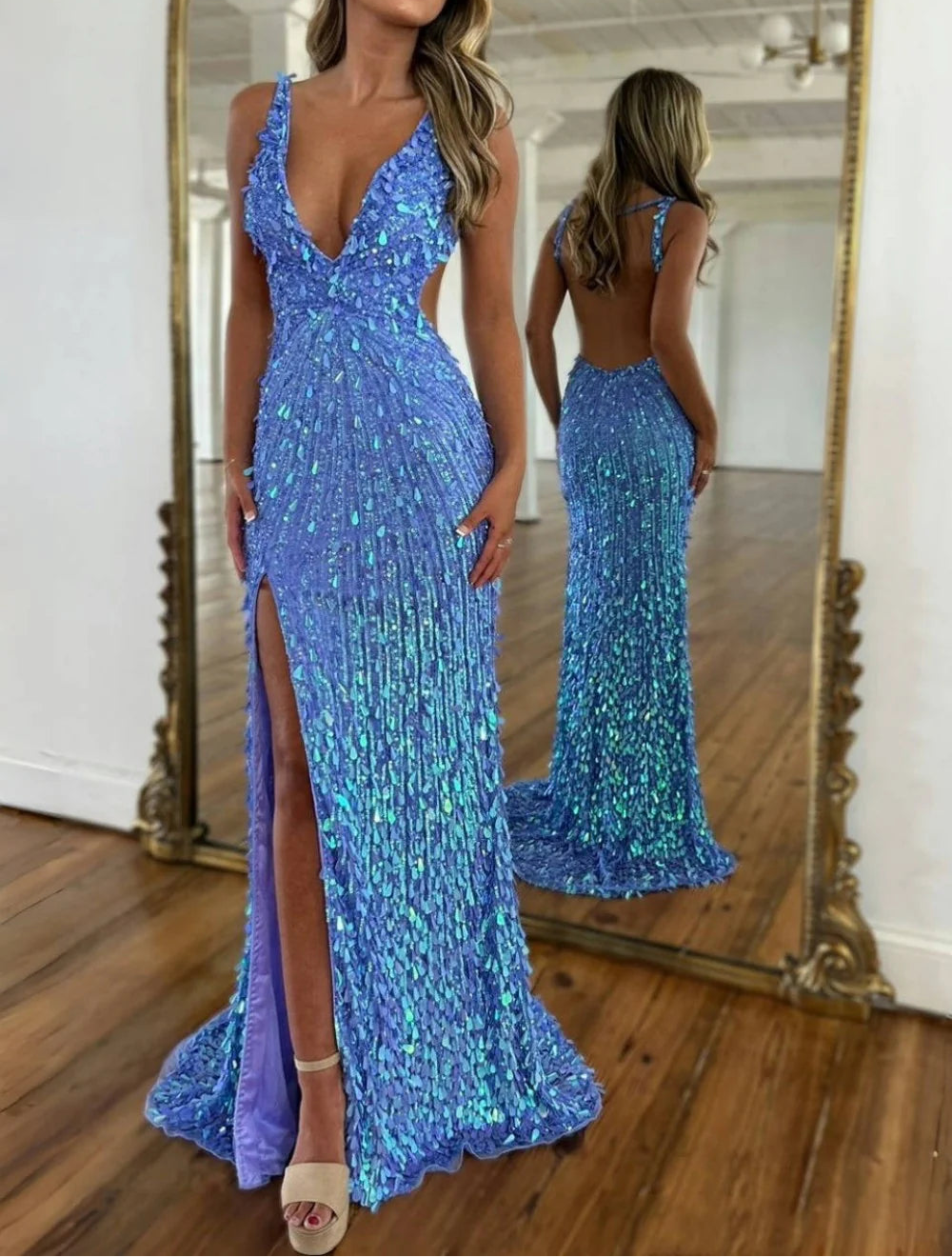 Vestido de Baile com Lantejoulas, Decote em V e Cauda de Sereia | Vestido de Noite Sem Mangas com Fenda Alta e Costas Descobertas