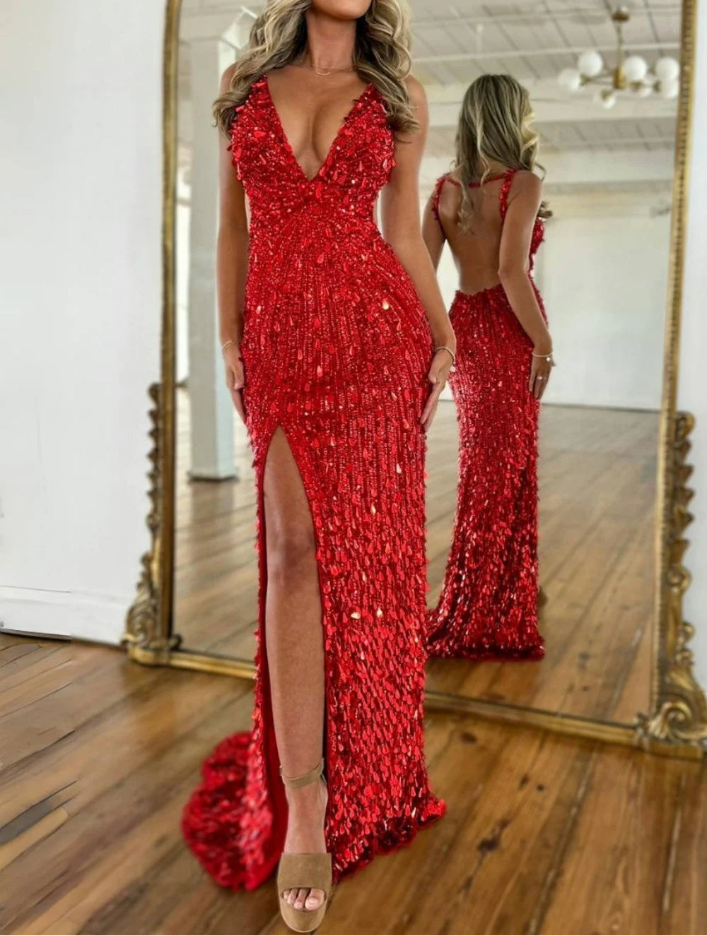 Vestido de Baile com Lantejoulas, Decote em V e Cauda de Sereia | Vestido de Noite Sem Mangas com Fenda Alta e Costas Descobertas
