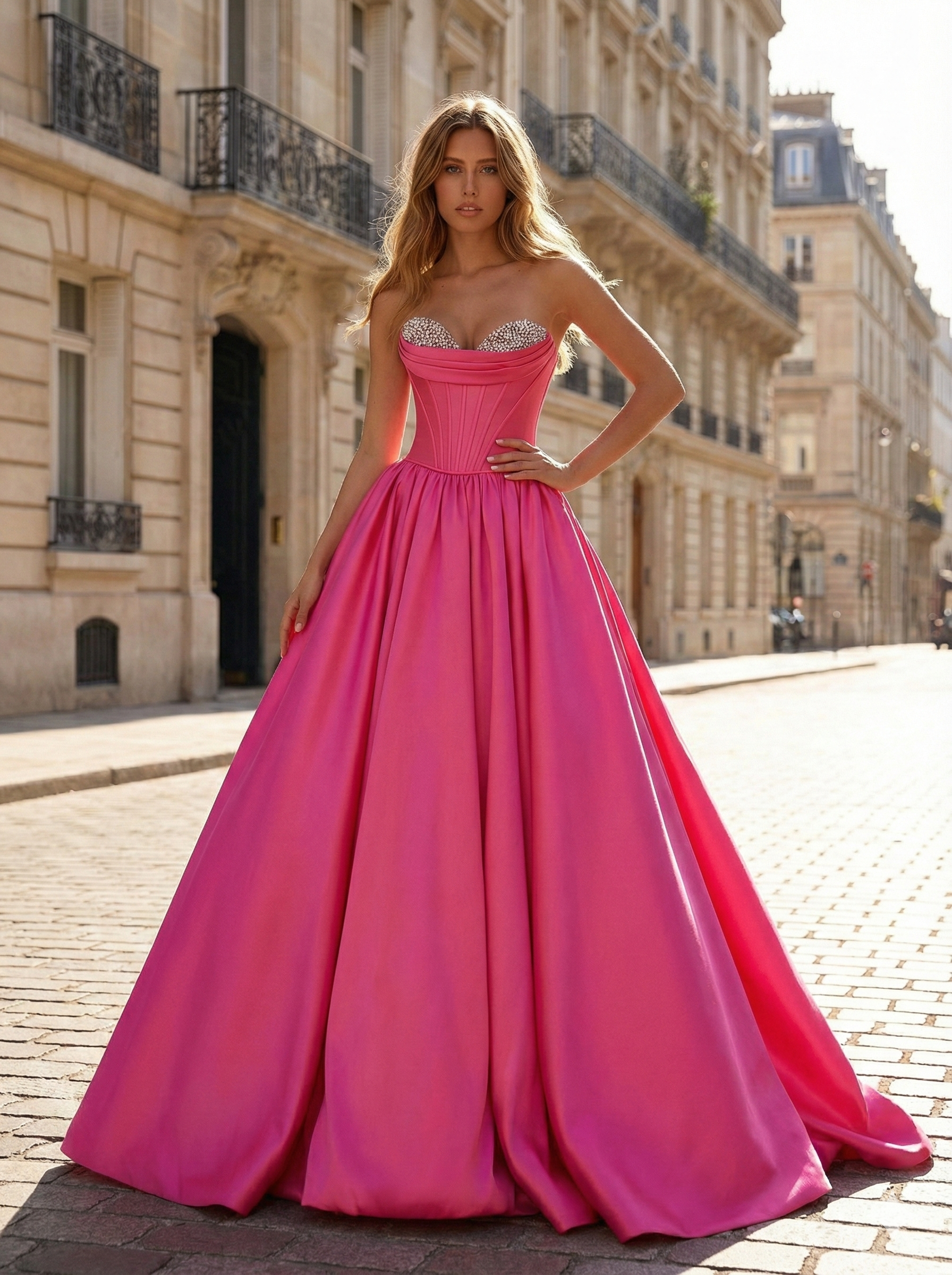 Fuchsia Sweetheart Satin Prom Ball Gown Dress With Crystal Embellished Bustier