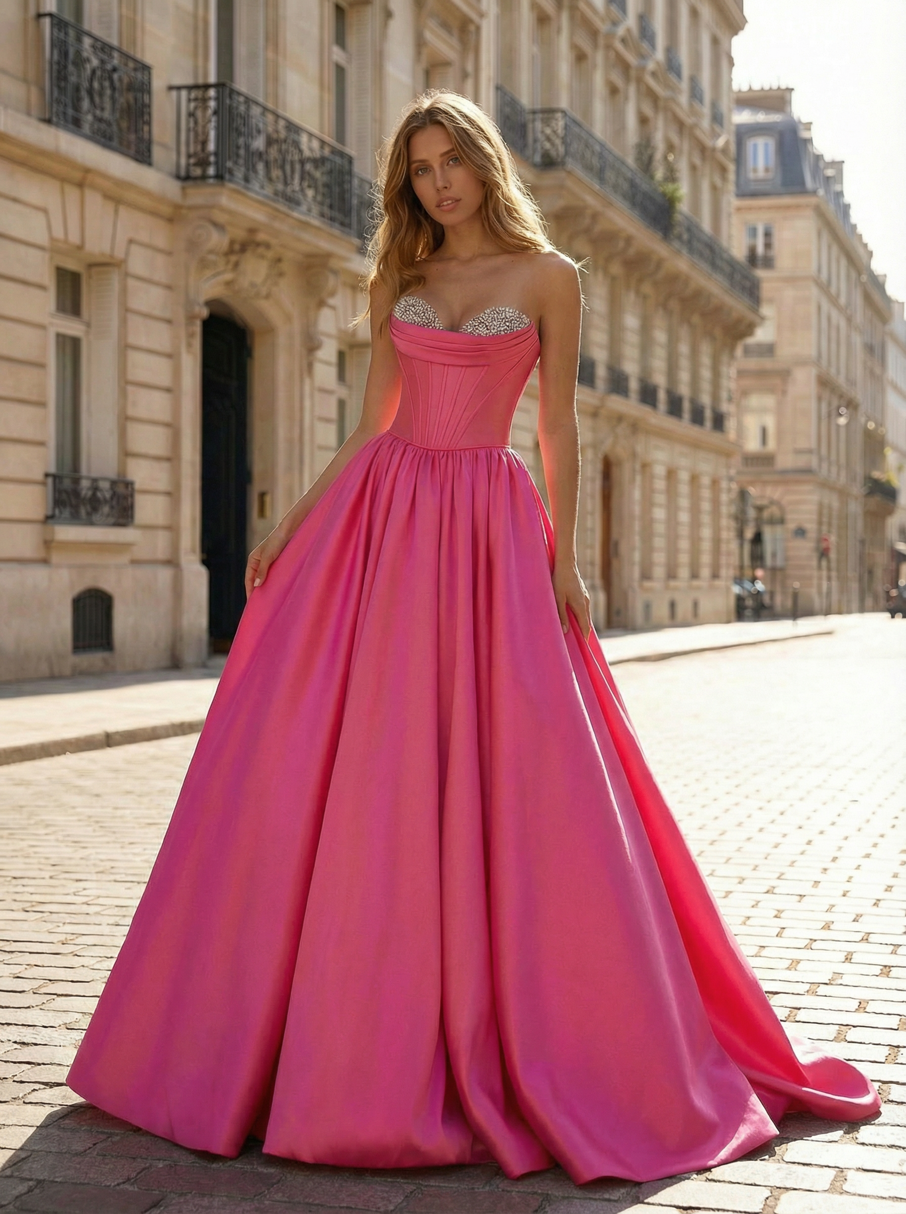 Fuchsia Sweetheart Satin Prom Ball Gown Dress With Crystal Embellished Bustier