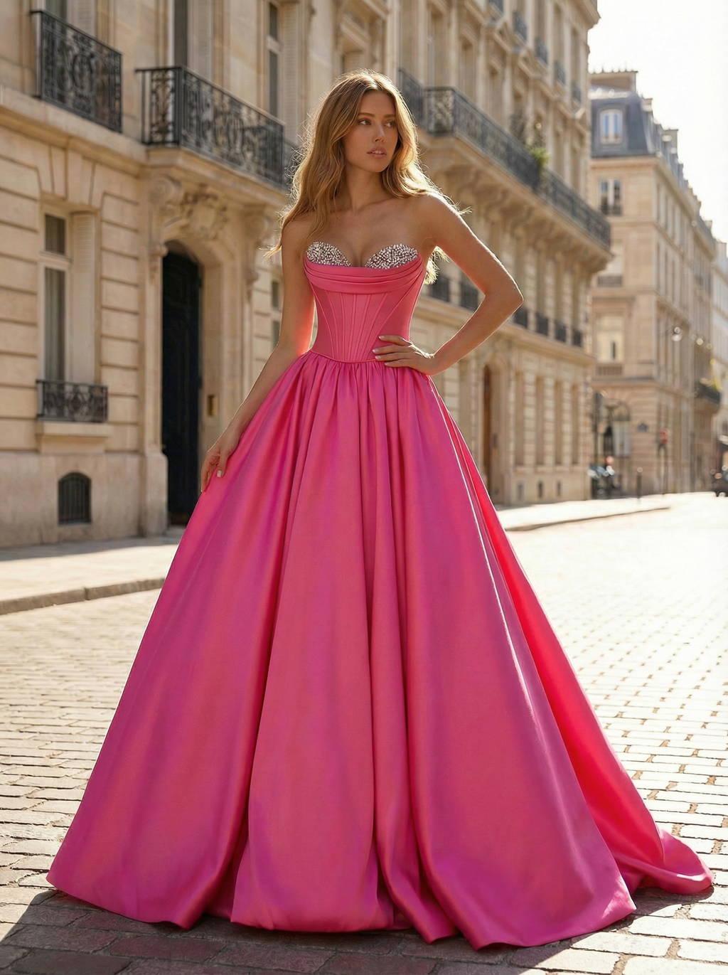 Fuchsia Sweetheart Satin Prom Ball Gown Dress With Crystal Embellished Bustier