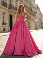 Fuchsia Sweetheart Satin Prom Ball Gown Dress With Crystal Embellished Bustier