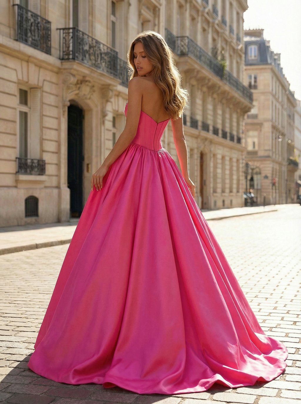 Fuchsia Sweetheart Satin Prom Ball Gown Dress With Crystal Embellished Bustier