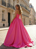 Fuchsia Sweetheart Satin Prom Ball Gown Dress With Crystal Embellished Bustier