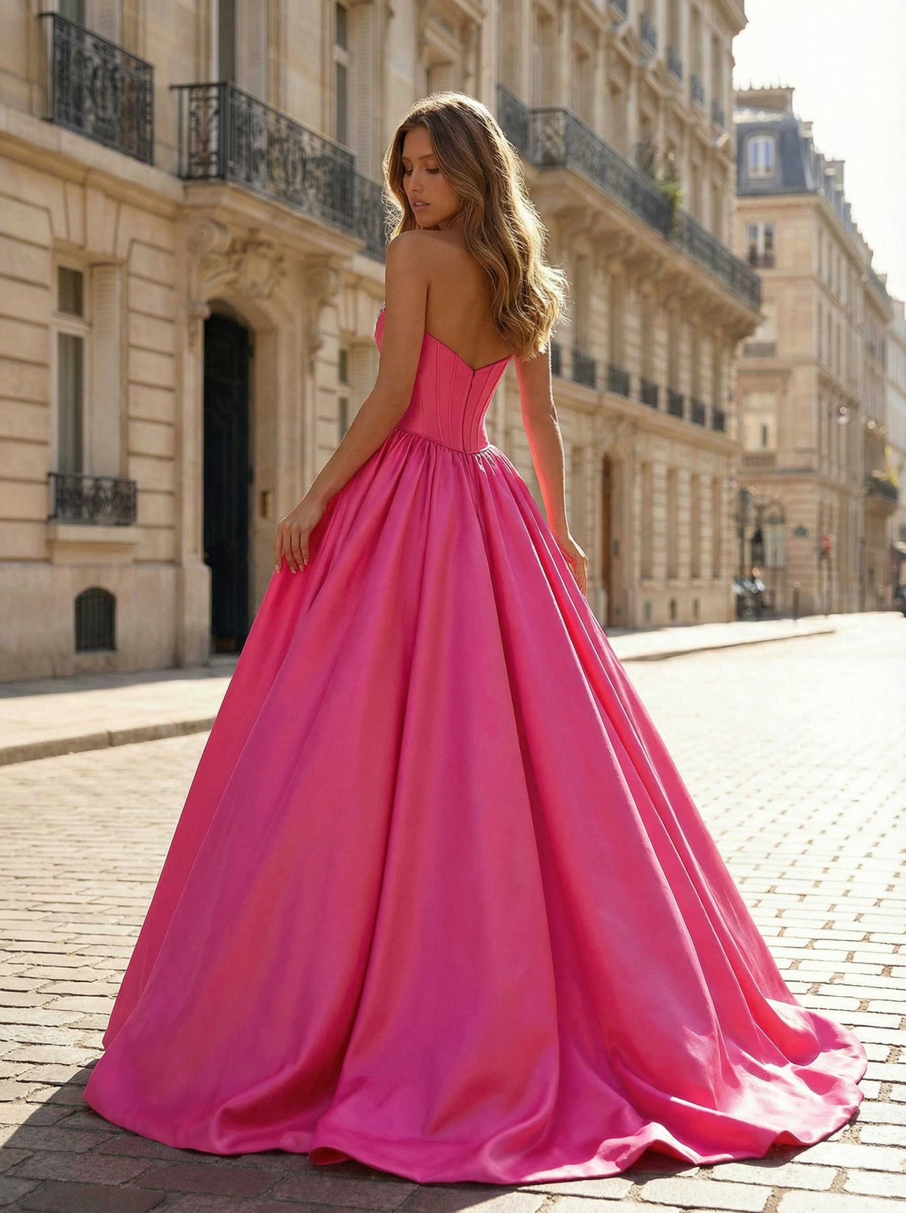 Fuchsia Sweetheart Satin Prom Ball Gown Dress With Crystal Embellished Bustier
