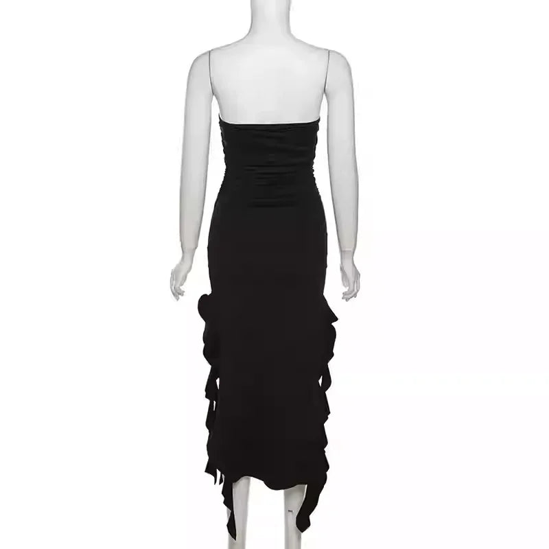 Elegante abito da festa nero senza spalline, abito da sera nero Y1929