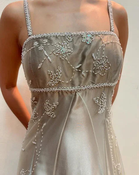 Vestido de fiesta de satén y tul con tirantes finos, cuentas, línea A, para noche Y8139