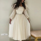 Robe de soirée arabe midi courte beige avec ceinture, manches longues, longueur thé, robes formelles pour femmes, mariage, fête Y4847