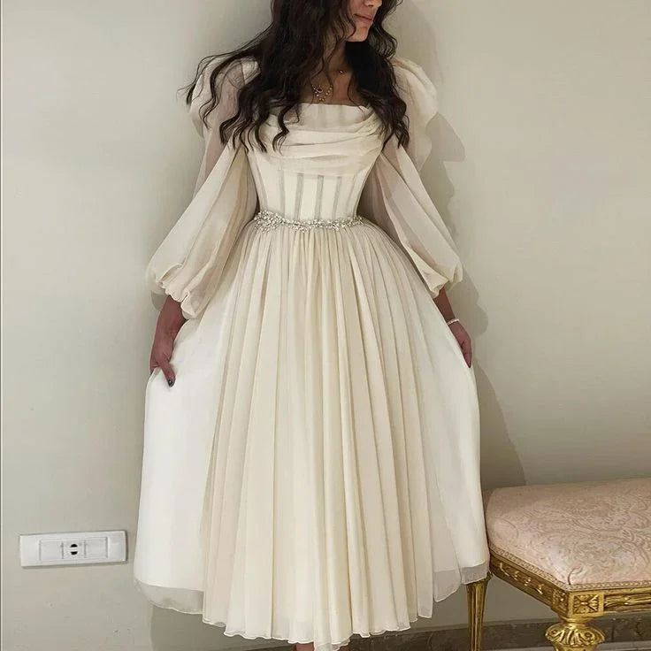 Robe de soirée arabe midi courte beige avec ceinture, manches longues, longueur thé, robes formelles pour femmes, mariage, fête Y4847