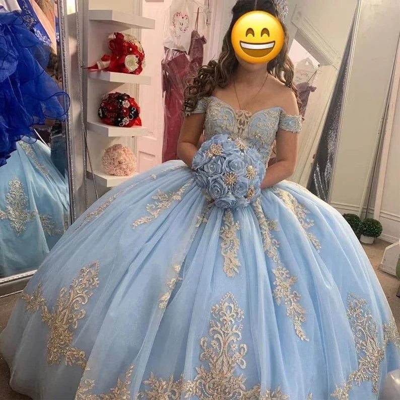 Abito da ballo azzurro cielo per bambina Quinceanera con spalle scoperte e maniche Abiti per festa di sedicesimo compleanno Y403