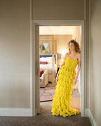 Robe longue élégante pour cérémonie femme, épaules dénudées, plissée et à volants, robe de soirée femme sur mesure Y5086