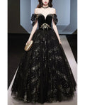 Abito da sera nero con paillettes scintillanti in tulle, linea a campana, scollatura a spalle scoperte, modello Y8034