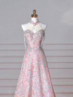 Splendido abito da sera rosa con paillettes e perline a linea ad A Y8637