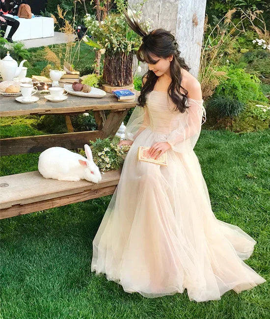 Vestido longo de baile em tule champanhe, vestido de noite em tule champanhe Y257