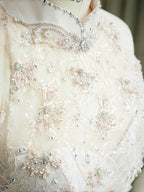 Abito da sera elegante rosa chiaro in raso con pizzo, paillettes e perline, spacco, modello sirena, abito da ballo Y8672
