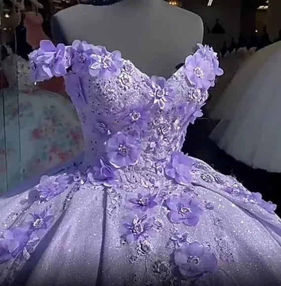 Abito da ballo blu con spalle scoperte, vestito da festa scintillante con fiori S26908