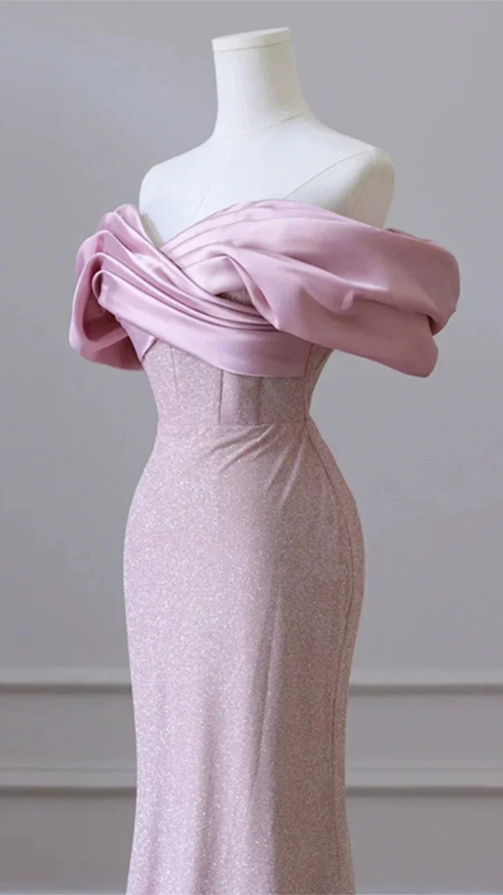 Vestido de Noite Elegante com Lantejoulas Cor de Carne para Senhora, Decote Ombro a Ombro, Vestido de Festa e Baile Y6963