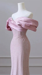 Vestido de Noite Elegante com Lantejoulas Cor de Carne para Senhora, Decote Ombro a Ombro, Vestido de Festa e Baile Y6963
