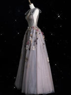 Charmantes graues Ballkleid mit V-Ausschnitt, Tüll und Blumenmuster, langes Abendkleid, Abschlussballkleid Y7953