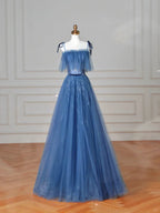 Vestito da sera lungo a linea ad A con spalline sottili blu, tulle e paillettes Y8634