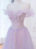 Vestido longo de baile roxo com decote ombro a ombro em linha A, Vestidos formais de noite roxos Y1783