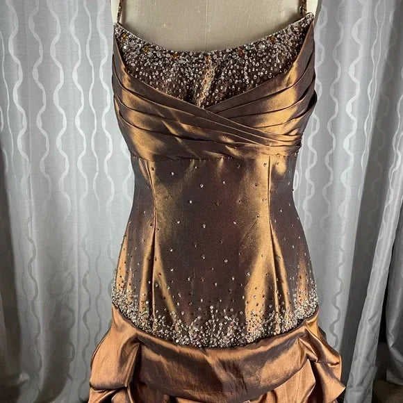 Abito da sera vintage in raso con perline e arricciature, abito da ballo a sirena Y8243