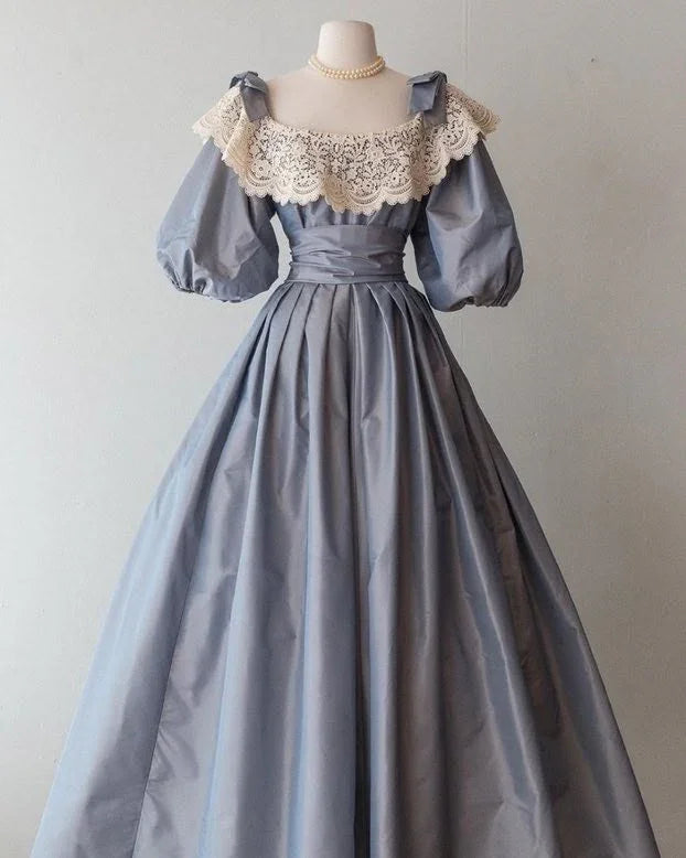 Abito da sera lungo vintage in raso con pizzo, linea a trapezio, maniche a sbuffo blu Y8515