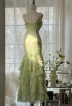 Splendido Abito da Sera Verde Smeraldo a Cuore in Chiffon con Perline e Strati, Abito Lungo da Cerimonia Y8558