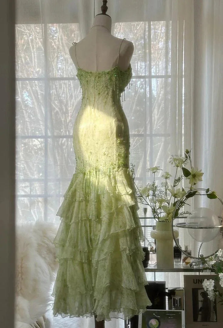 Splendido Abito da Sera Verde Smeraldo a Cuore in Chiffon con Perline e Strati, Abito Lungo da Cerimonia Y8558