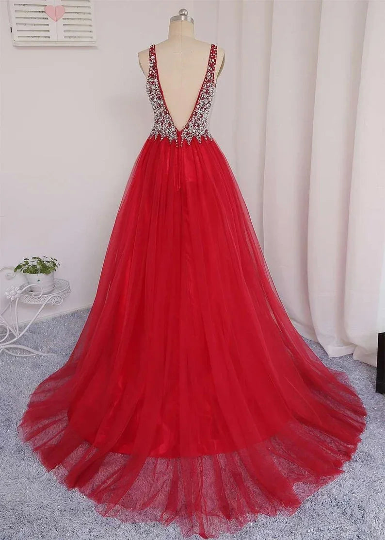 Abito da sera con scollo a V, gonna in tulle, abito per laurea, abito da festa formale, abiti per ballo di fine anno, abito per occasioni speciali Y792