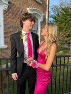 Abito lungo da sera in raso fucsia modesto con scollo a V, vestito formale Y3096