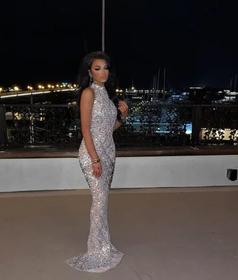 Abito da sera lungo argento senza maniche con sirena e paillettes uniche Y8271