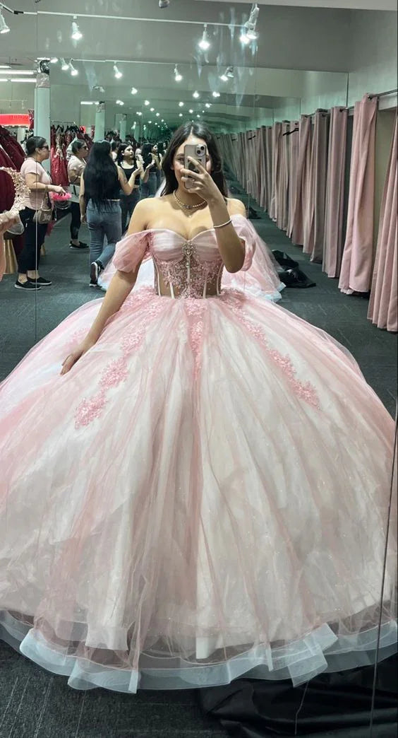 Robe de bal rose en tulle à épaules dénudées, robe rose pour seizième anniversaire Y5468