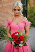 Abito lungo da sera in tulle rosa acceso con spalle scoperte, abito lungo formale rosa acceso in tulle per ballo di fine anno Y1493