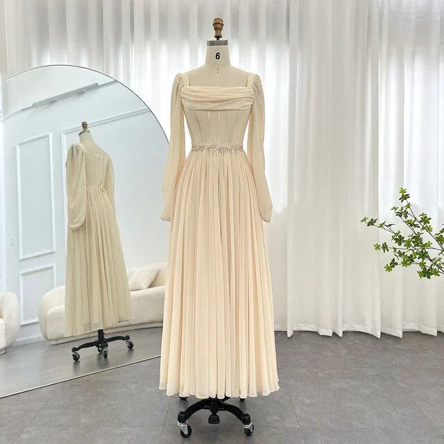 Robe de soirée arabe midi courte beige avec ceinture, manches longues, longueur thé, robes formelles pour femmes, mariage, fête Y4847