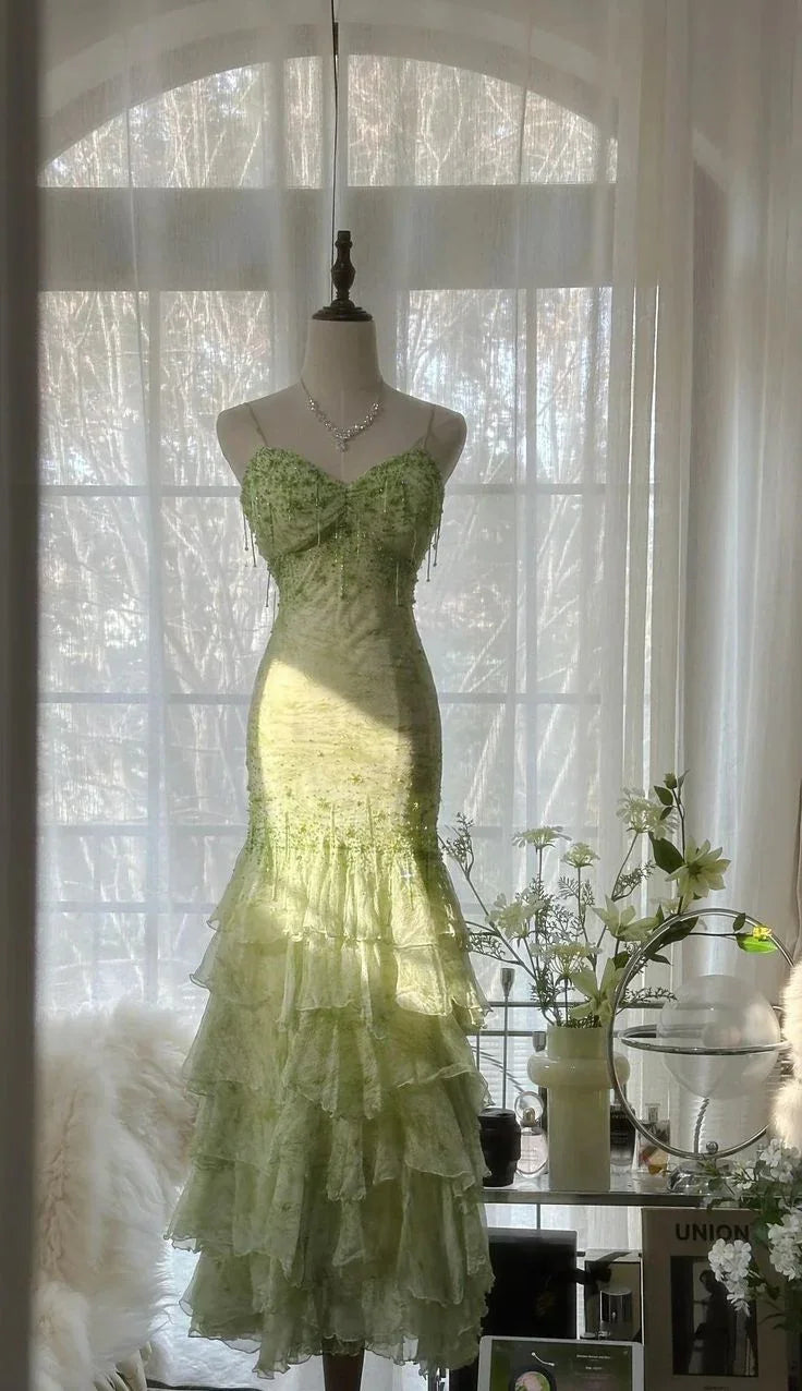Splendido Abito da Sera Verde Smeraldo a Cuore in Chiffon con Perline e Strati, Abito Lungo da Cerimonia Y8558