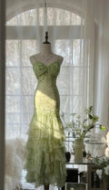 Splendido Abito da Sera Verde Smeraldo a Cuore in Chiffon con Perline e Strati, Abito Lungo da Cerimonia Y8558