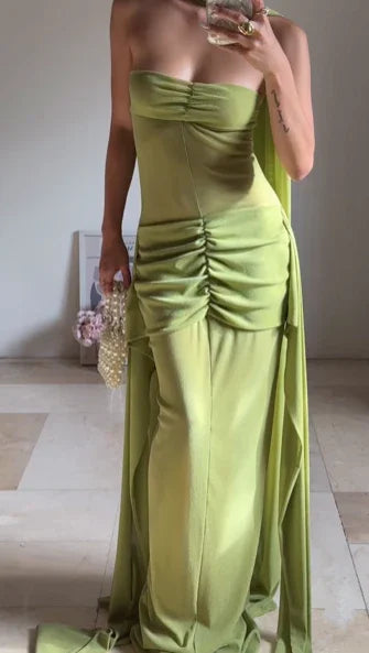 Vestido longo verde único, sem alças, franzido, para baile, vestido formal de noite Y8505