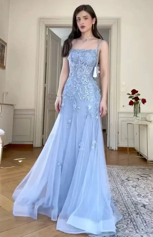 Vestido de Noite Sereia Comprido com Aplicações de Tule Azul Elegante Vestido de Baile Y8156