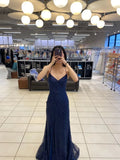 Abito lungo da sera sirena blu navy scintillante, abito da sera blu navy Y2917