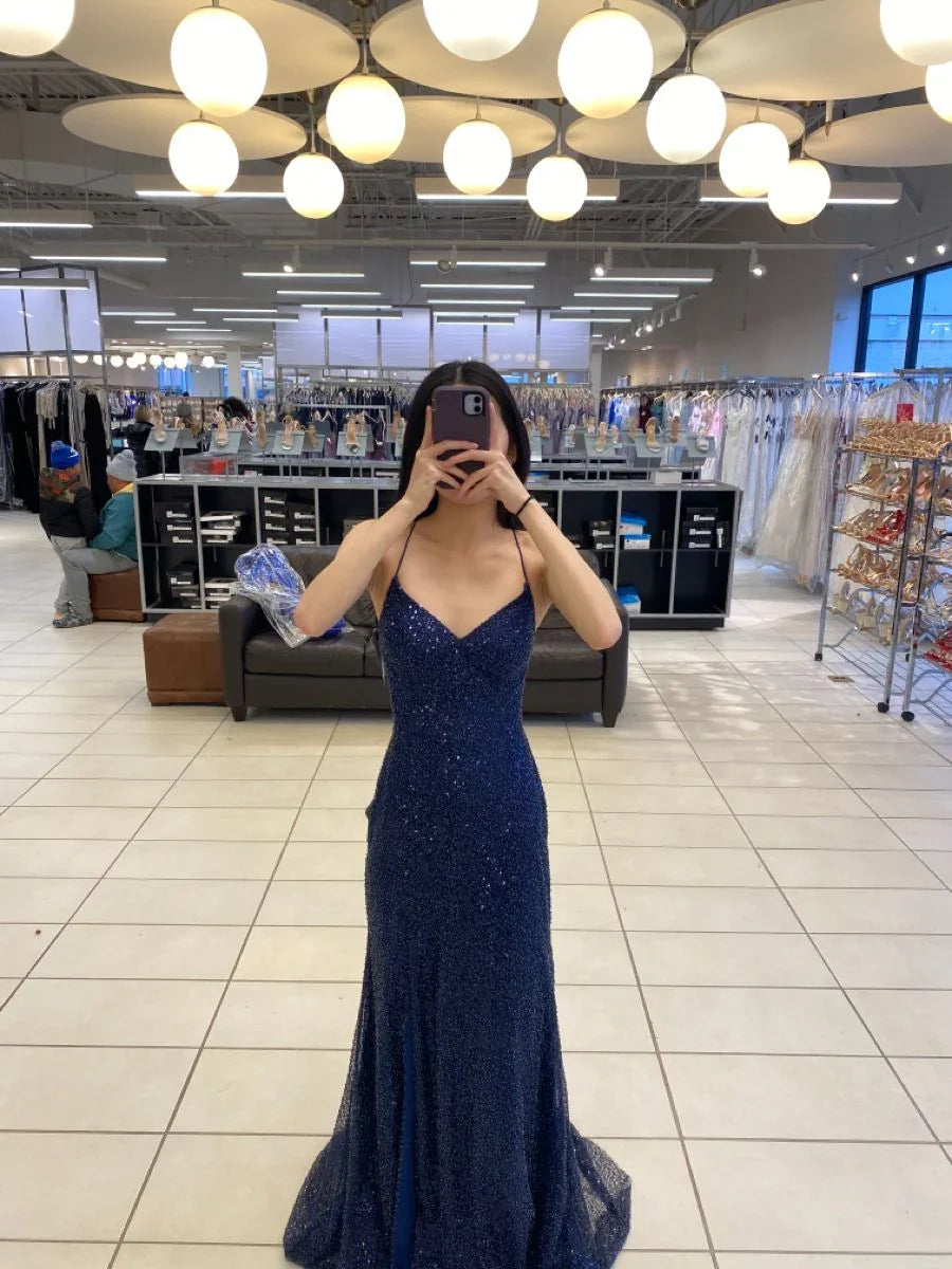 Abito lungo da sera sirena blu navy scintillante, abito da sera blu navy Y2917