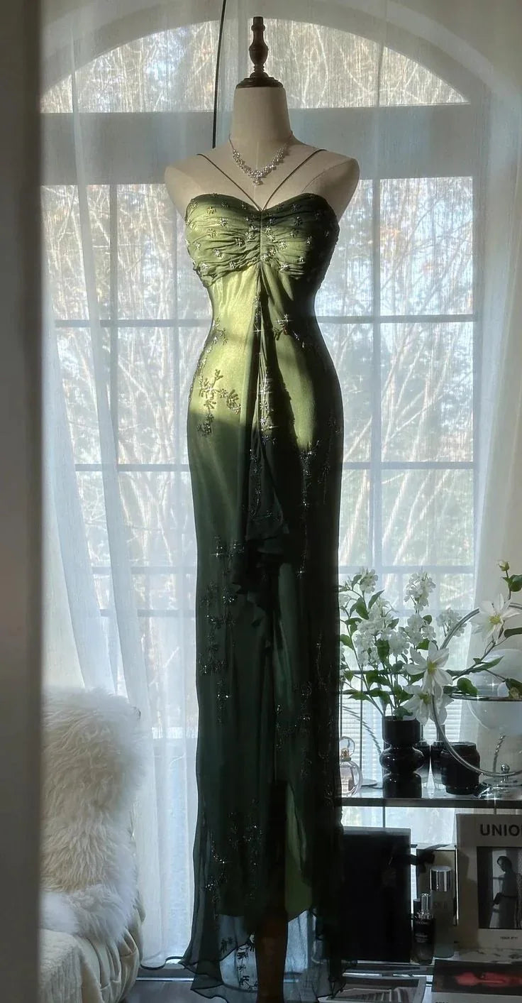 Abito da sera lungo aderente vintage verde scuro in raso con perline per ballo di fine anno Y8557