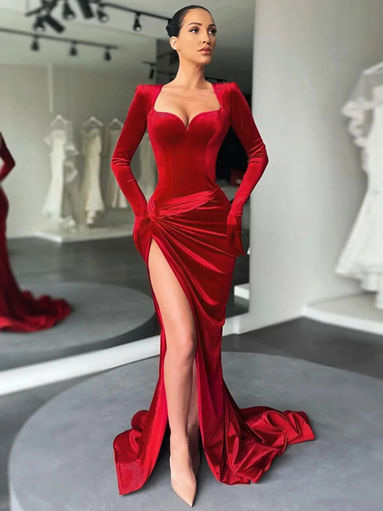 Vestido de Veludo Azul Real Elegante para Noite com Fenda Alta Vestido Formal Y402